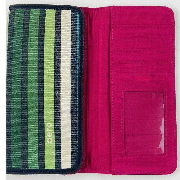 Aeropostale Canvas Striped Trifold Snap Closure Wallet Vintage Green Magenta Wom - Picture 4 of 7
